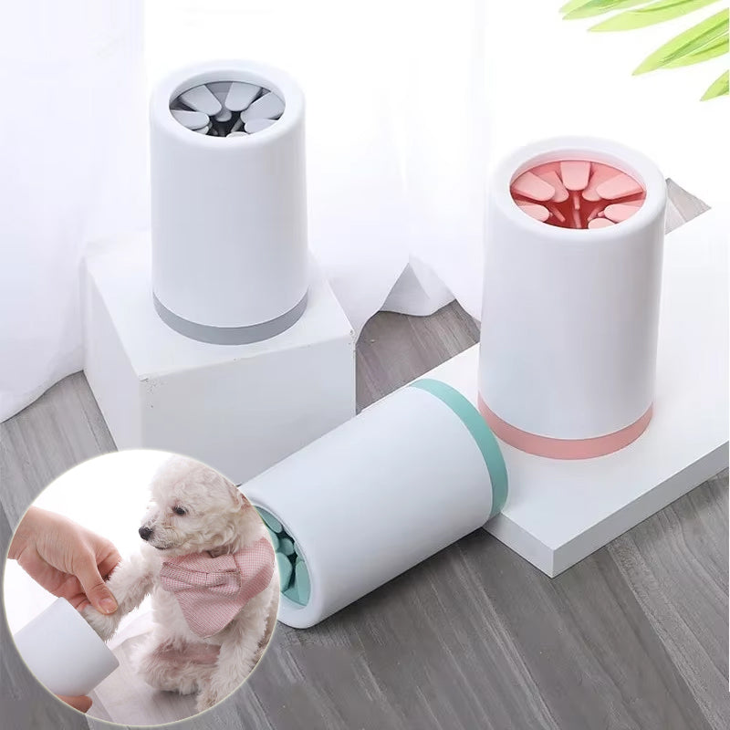 Dog paw cleaner in mint green, grey and pink.