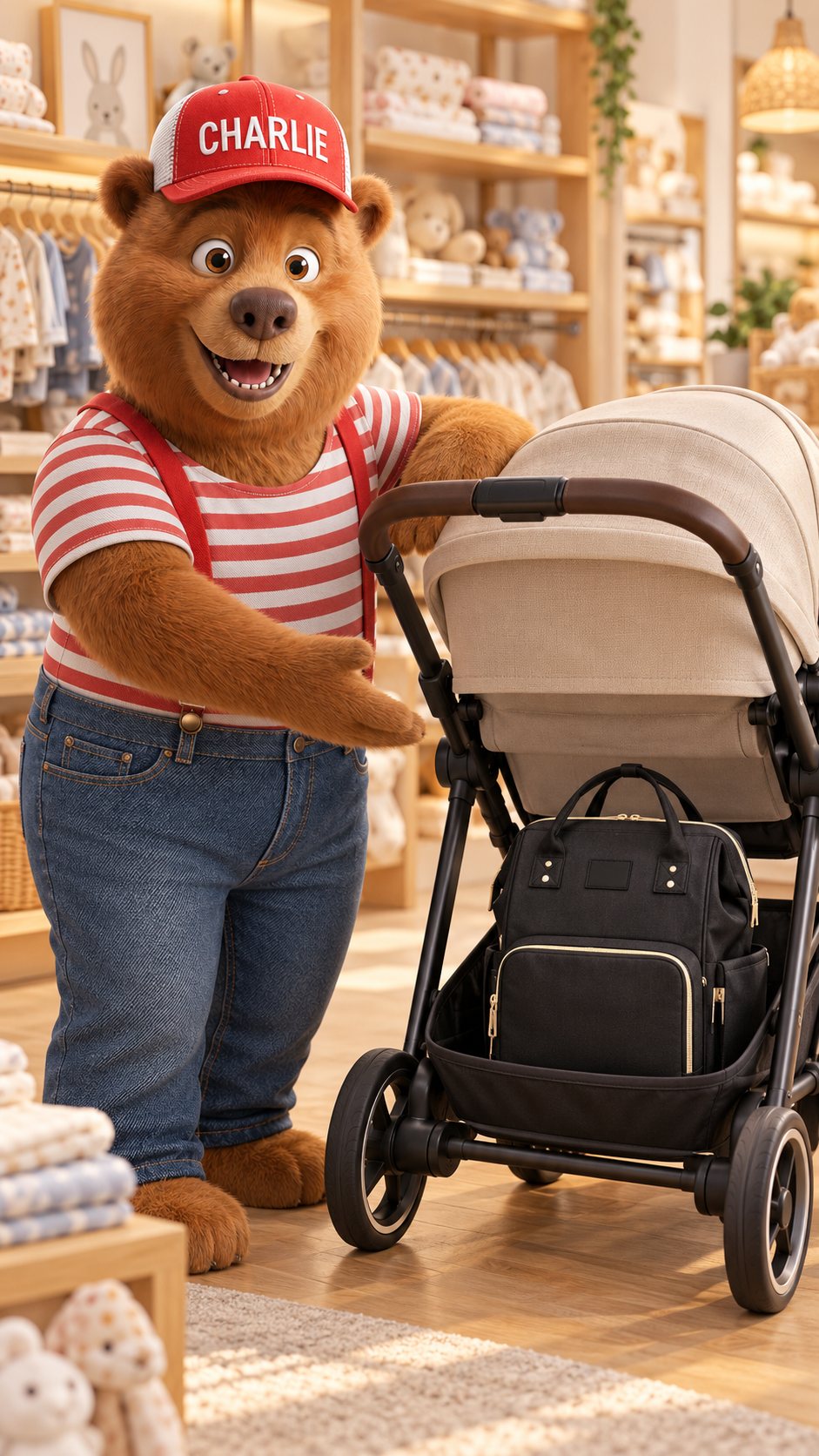 Charlie with LEQUEEN diaper bag behind a stroller
