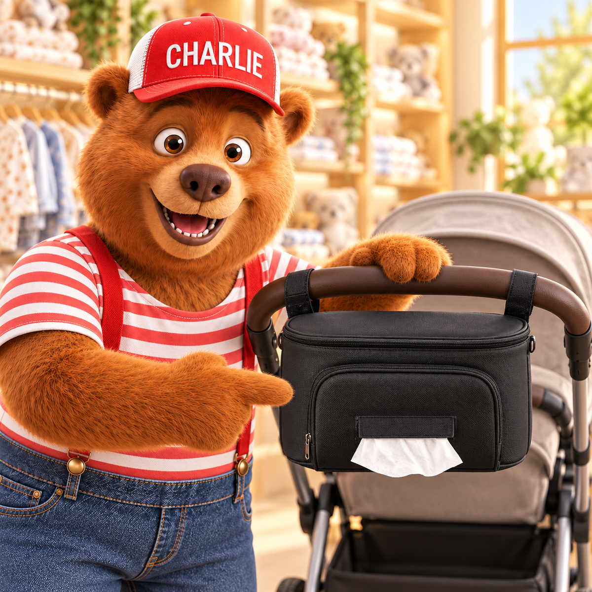 Charlie presents the black stroller organizer. Stroller not included.