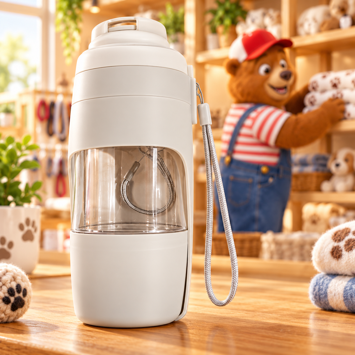 Gray 2-in-1 pet travel bottle in the Charlie and Pals store, with Charlie arranging products behind