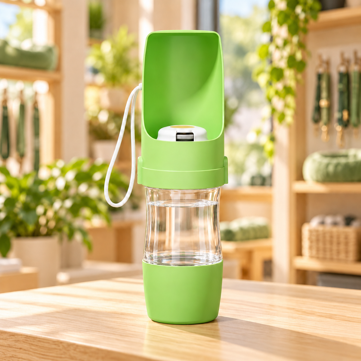 Green 2-in-1 bottle with water visible in its transparent water reservoir and food cup closed