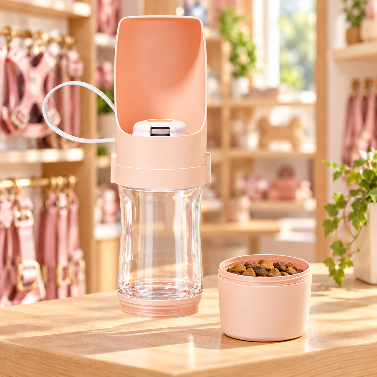 Pink 2-in-1 bottle with the lower food cup detached and filled with dry kibble; water reservoir empty