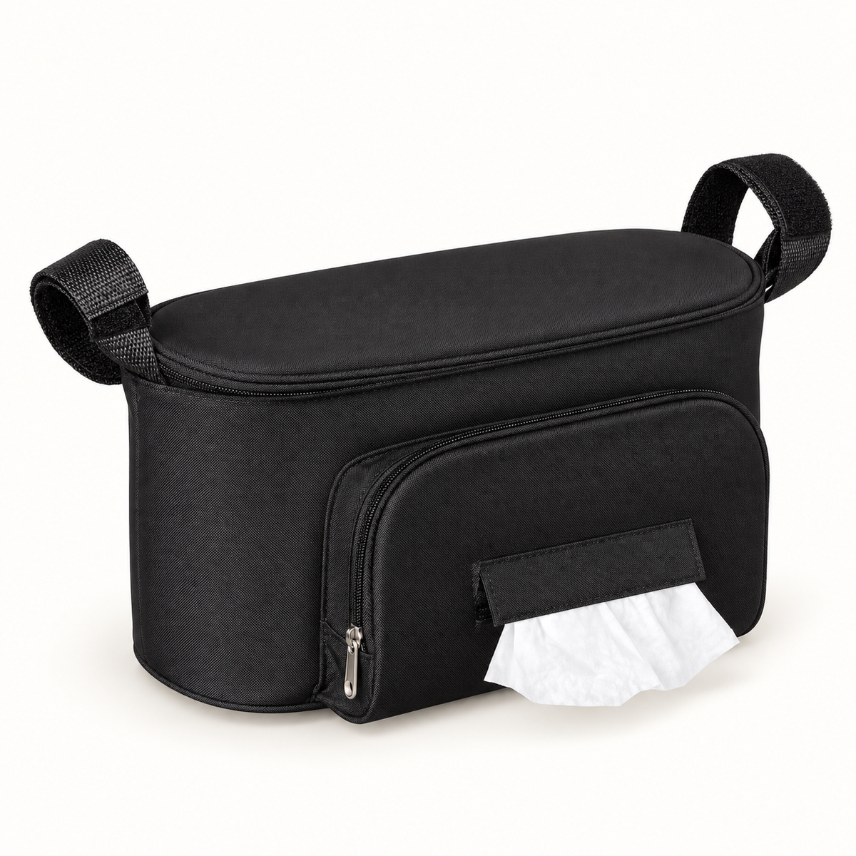 Black stroller organizer with tissue pocket and attachment straps.