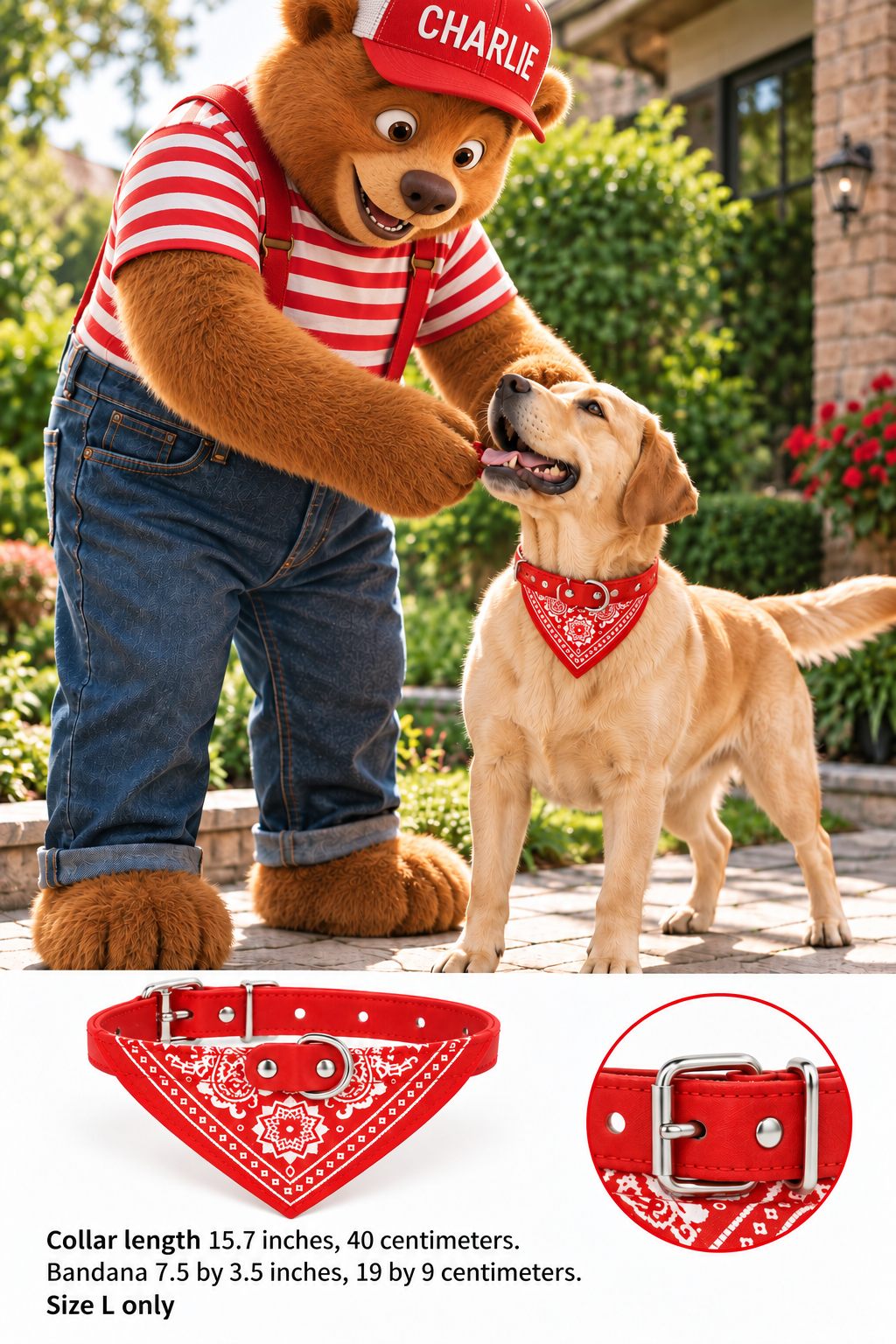Charlie putting a red paisley bandana collar on a golden dog; size L measurements below