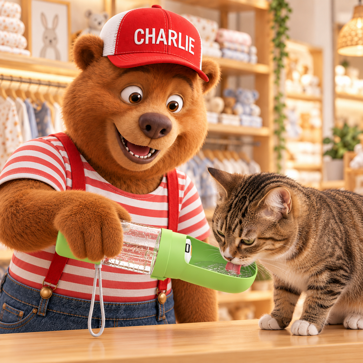 Charlie offering water from the green 2-in-1 pet travel bottle to a cat in the store