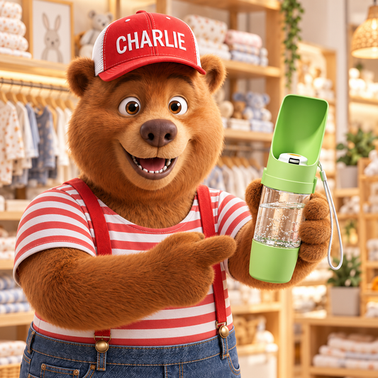Charlie holding the green 2-in-1 travel pet water and food bottle in the Charlie and Pals store