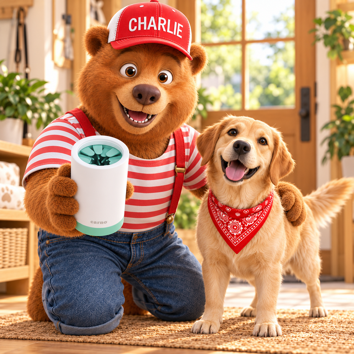 Charlie presents the mint-green paw cleaner beside a happy dog.