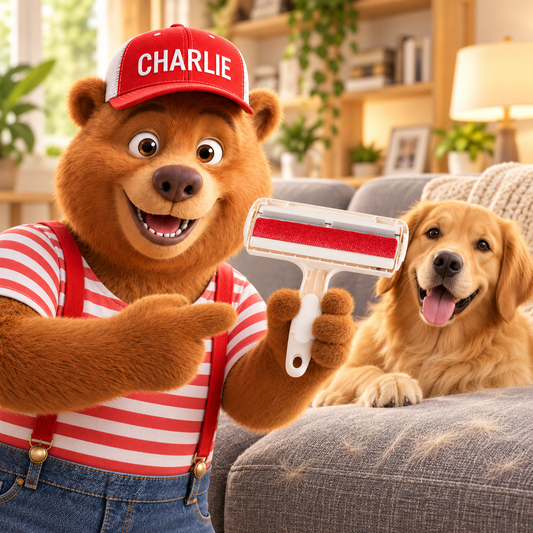 Charlie presents the white reusable pet hair roller beside a dog.