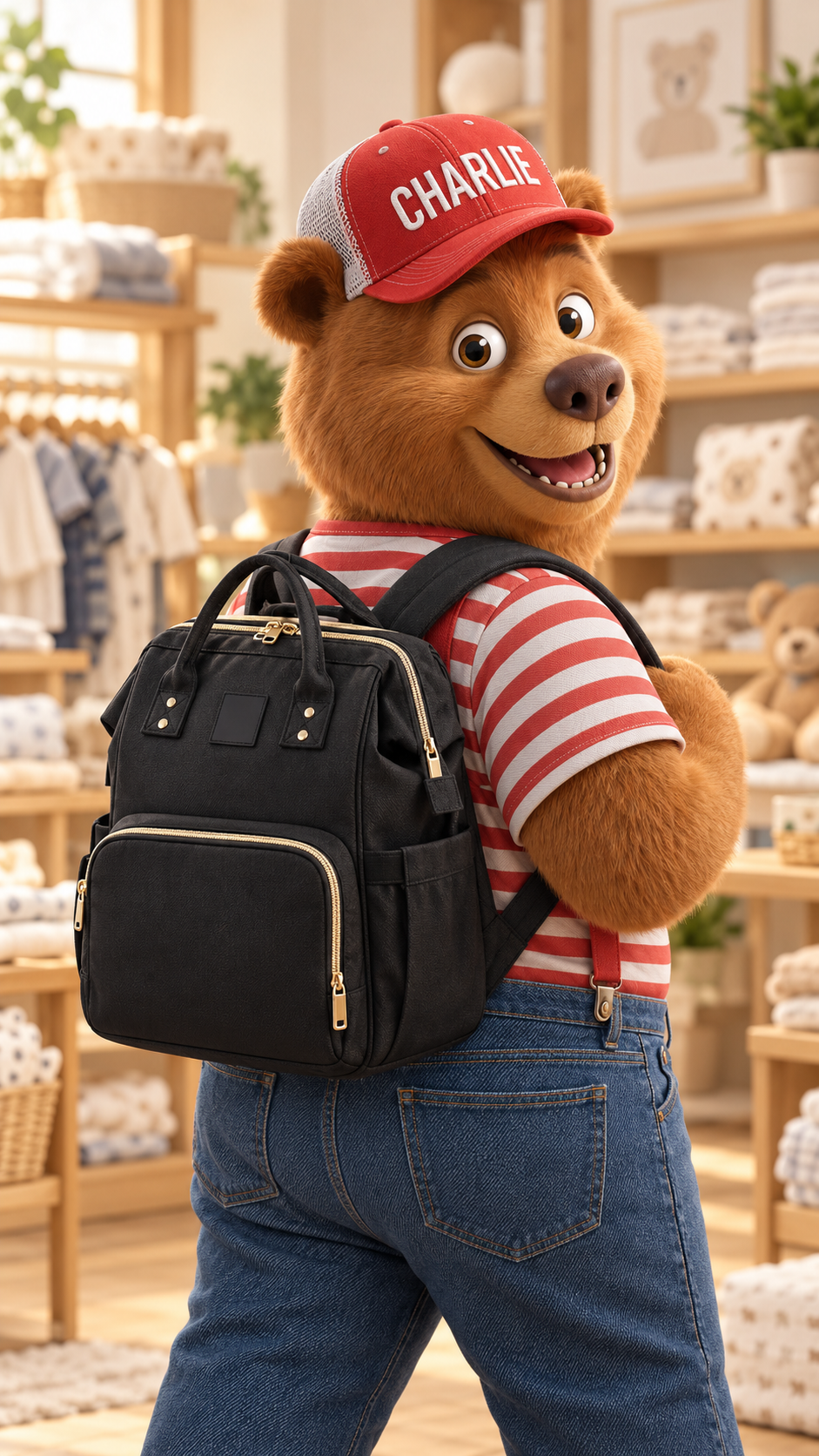 Charlie wearing LEQUEEN diaper bag