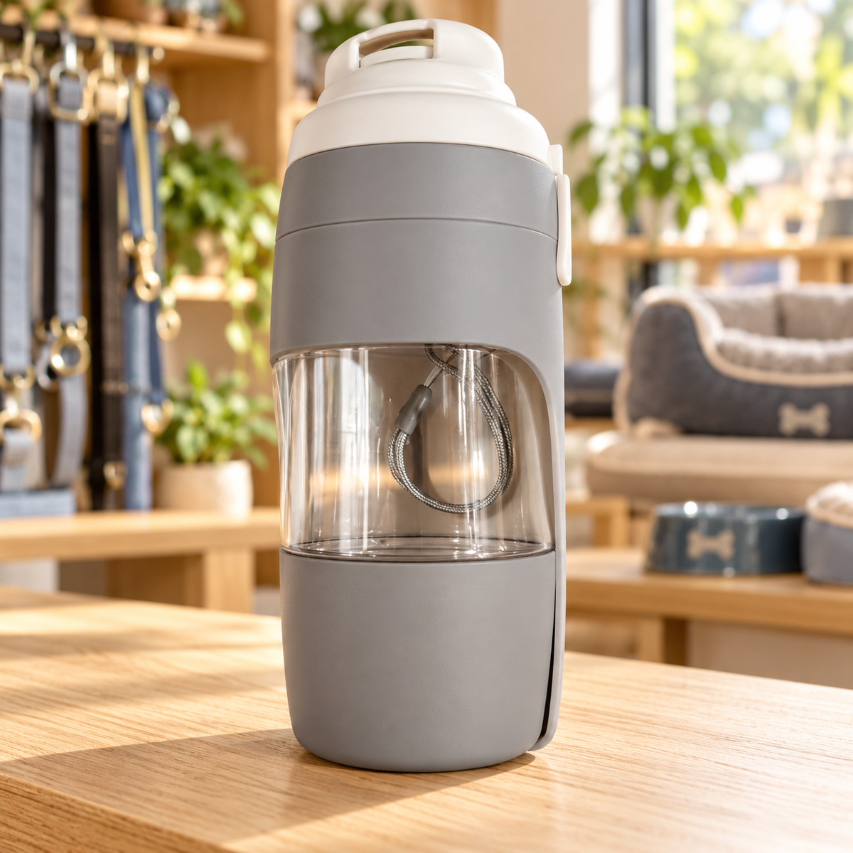 Gray 2-in-1 travel pet bottle on a store counter