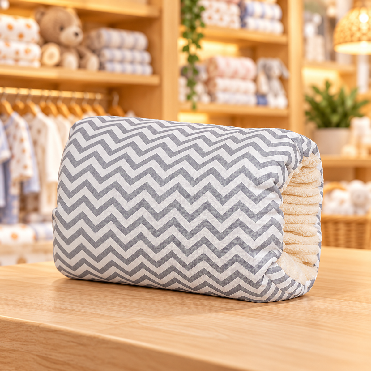 Gray Pinstripe nursing arm pillow in Charlie's shop