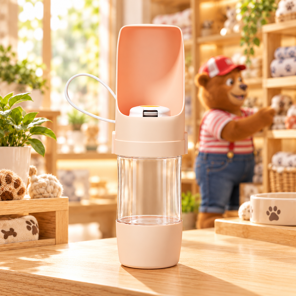 Pink 2-in-1 pet travel bottle in the Charlie and Pals store, with Charlie arranging products behind