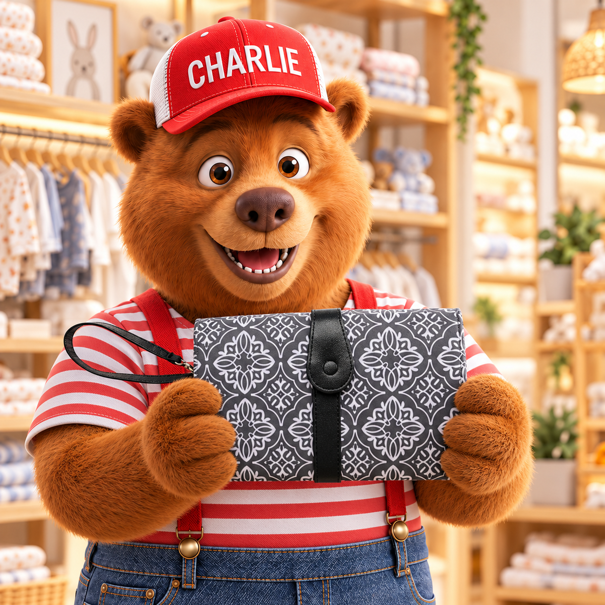 Charlie presents the folded grey baby changing mat