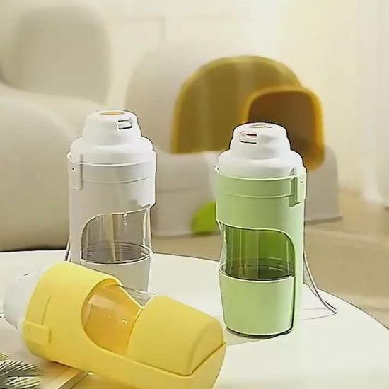 CJ video demonstration of the 2-in-1 travel pet water and food bottle