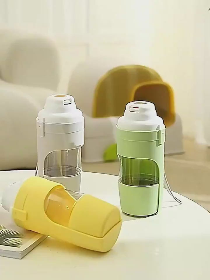 CJ video demonstration of the 2-in-1 travel pet water and food bottle