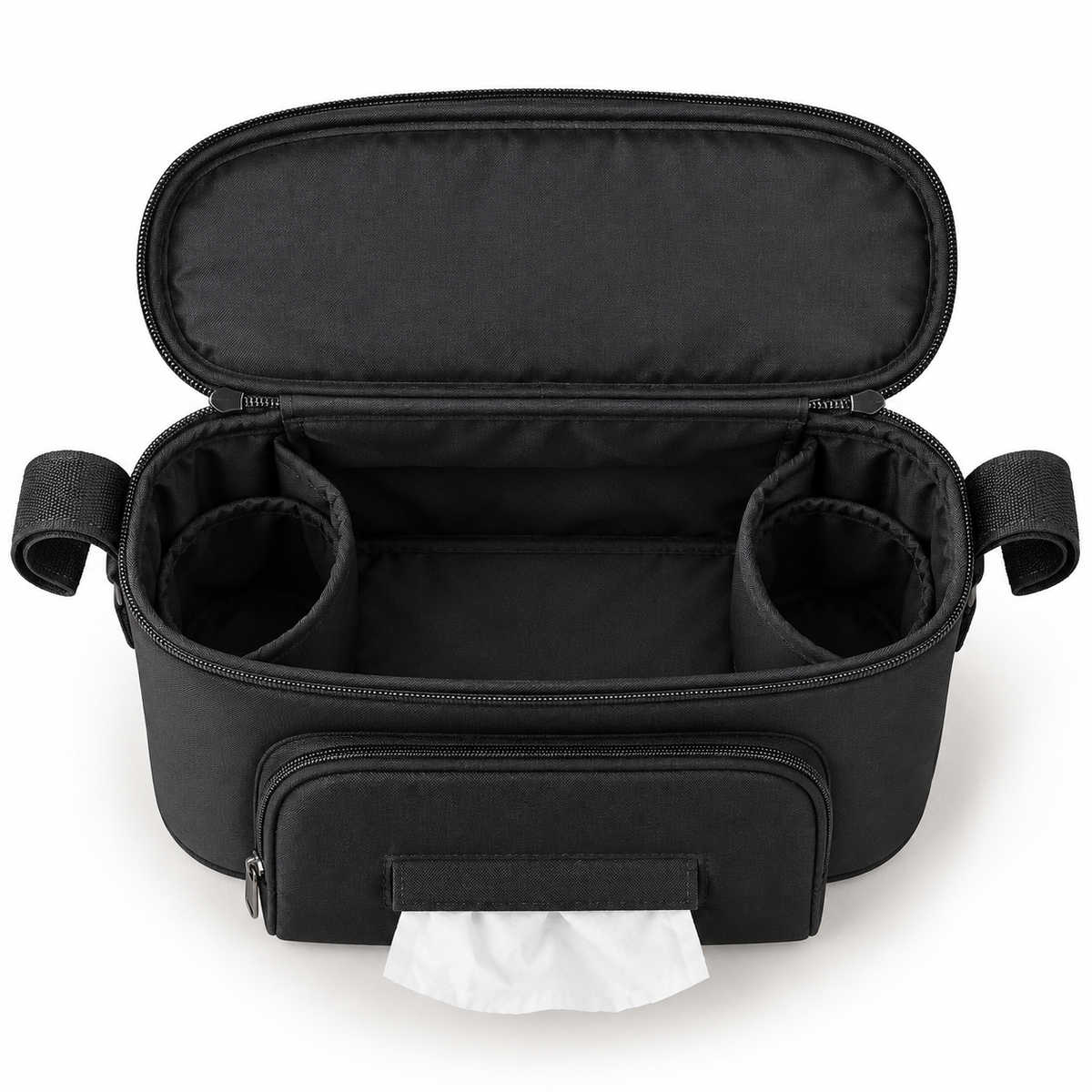 Overhead illustration of the black organizer showing its storage compartments.