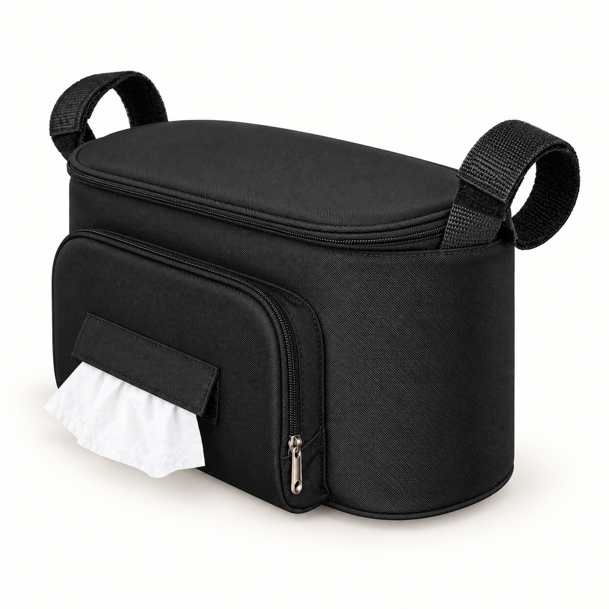 Side-angle illustration of the black stroller organizer.